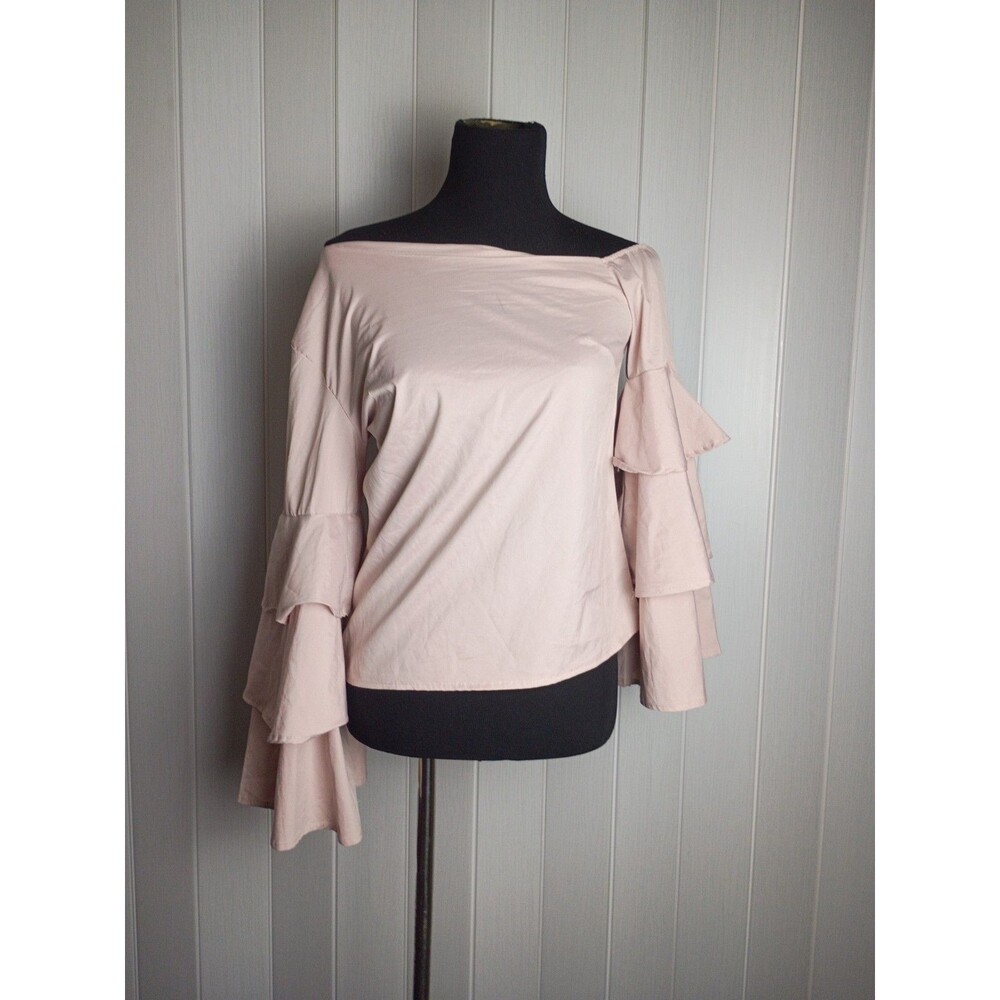 Feitong Pink Solid Off-the-Shoulder Ruffle Bell Sleeve Blouse Womens Sz M